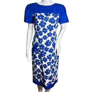 David‎ Warren New York Sheath Dress Blue White Floral Button Back